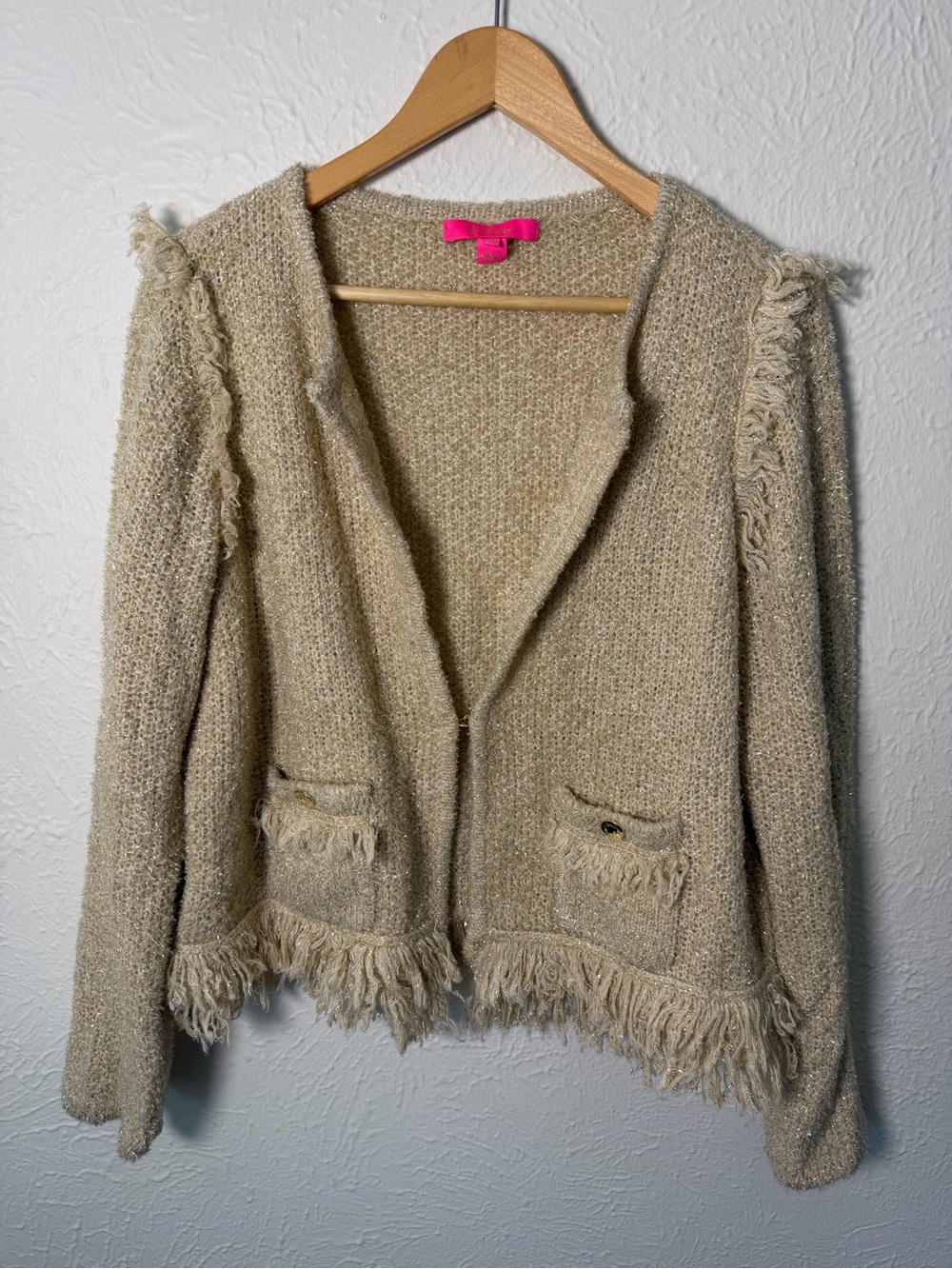 Lilly Pulitzer Womens XL Metallic Gold Fringe Cardigan Sweater Jacket Boho